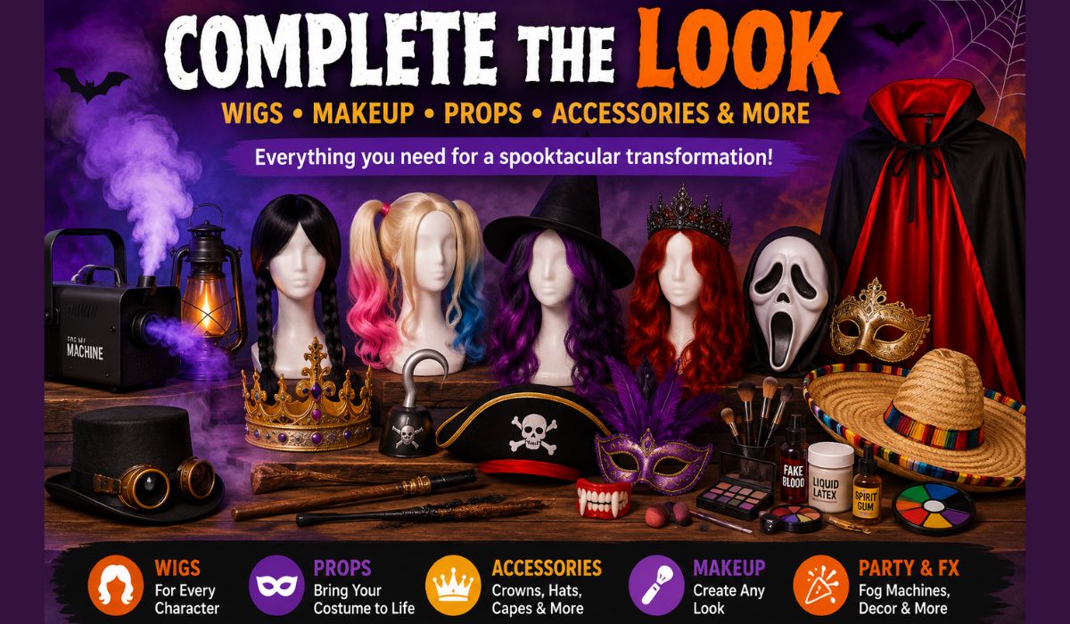 Halloween wigs, makeup, masks, props and costume accessories