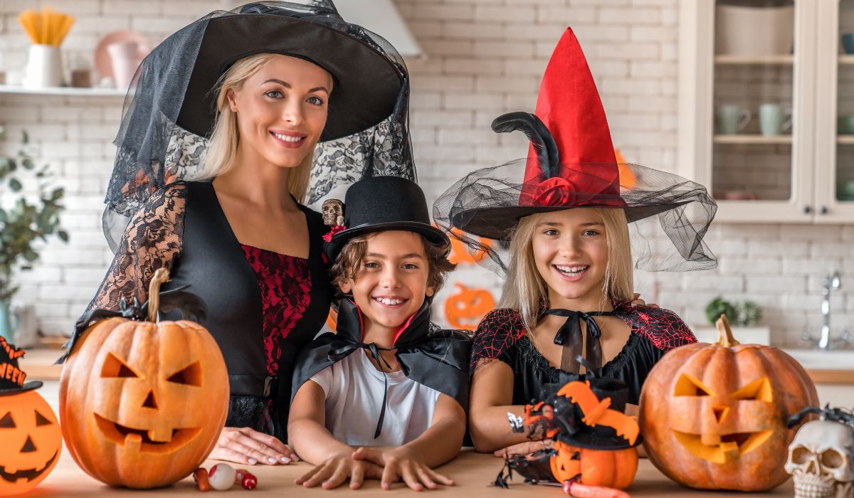 Family dressed in coordinated Halloween costumes