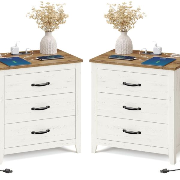 VASAGLE Farmhouse Nightstand with Charging Station