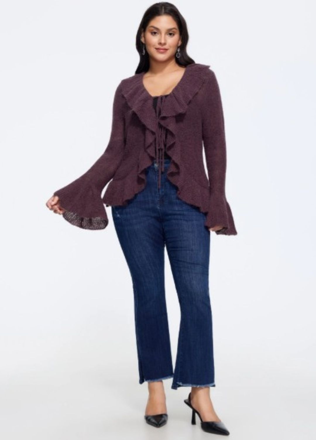 BloomChic – Plum Ruffled Collar Tie-Front Cardigan
